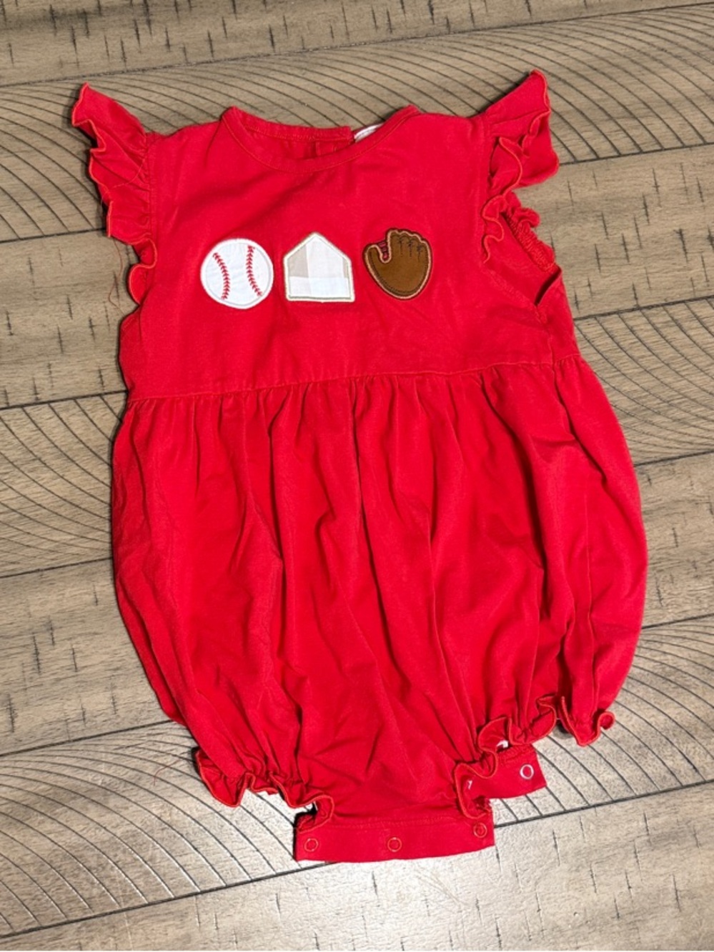 Red Baby One-Piece Romper with Baseball Appliqués